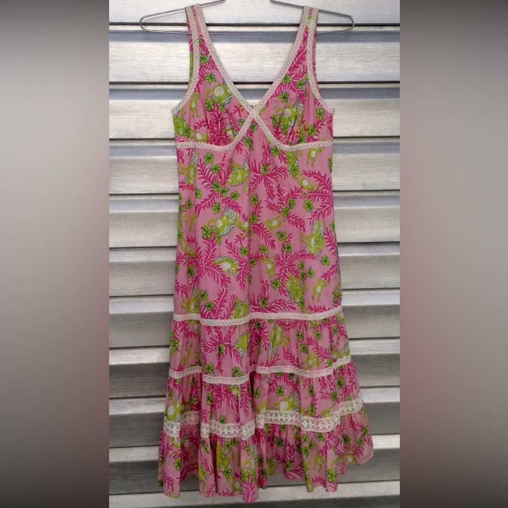 Lilly Pulitzer Pink Crochet Monkey Palm Tree Tiered Sleeveless Dress